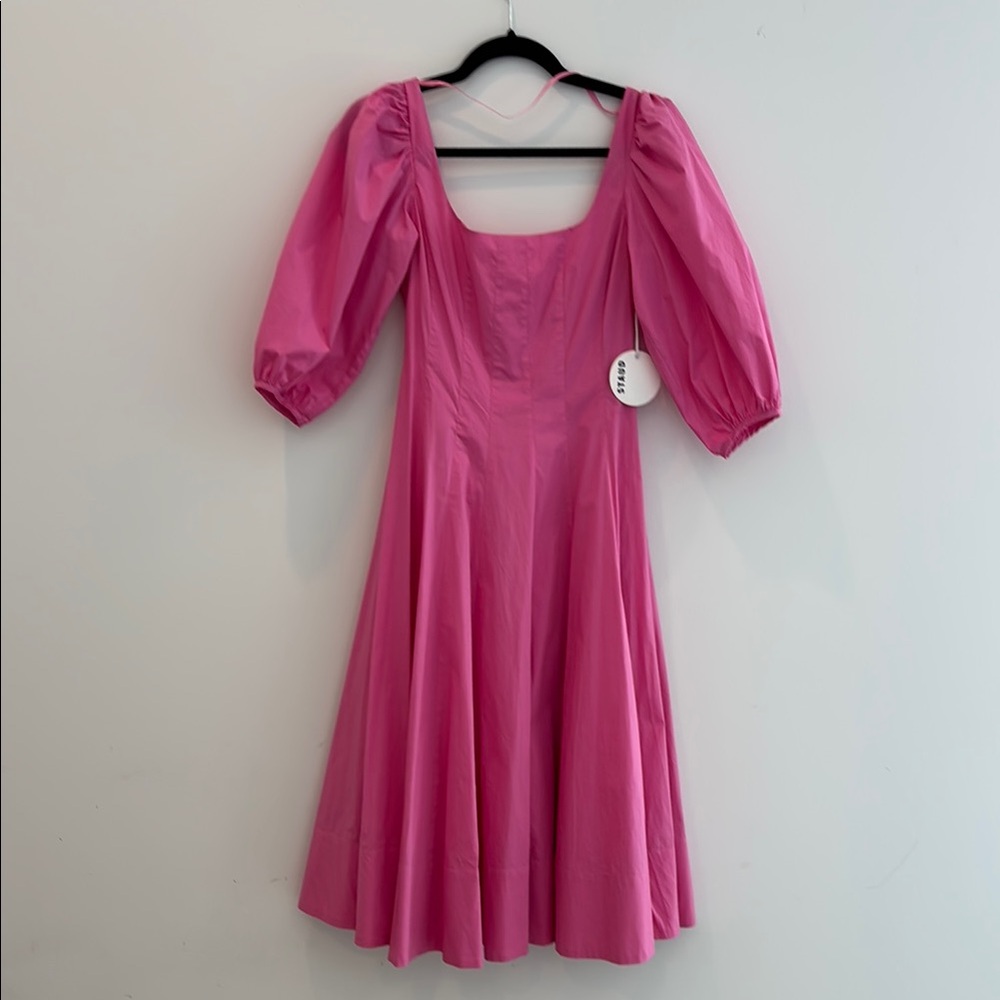 Staud 3/4 puff sleeve pink midi dress